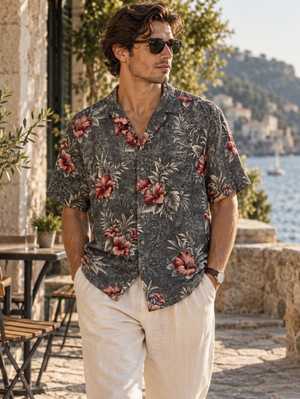 Batik Bay 100% Silk Hawaiian Shirt Mens XL Green Gray Floral Washable Camp Beach